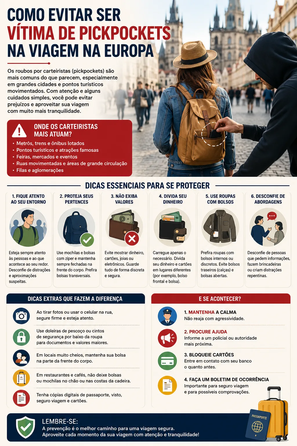Guia prático para reduzir o risco de furtos por batedores de carteira na Europa, com estratégias de comportamento, organização de pertences